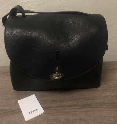 #ad Furla Net Black Leather Medium Top Handle Made In Italy Satchel Handbag Nwot