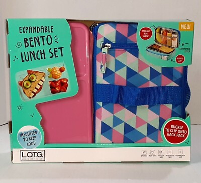 #ad L.O.T.G. EXPANDABLE INSULATED BENTO LUNCH SET PINK BLUE GEOMETRIC SHAPES