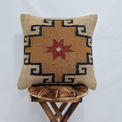 #ad Indian Square Handmade Jute Cushion Cover Kilim 100% Wool Pillow Cove 18X18 Inch