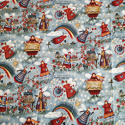 #ad Peace in the Country Fabric Carol Endres 579 Angels on Blue Benartex Cotton 2 yd