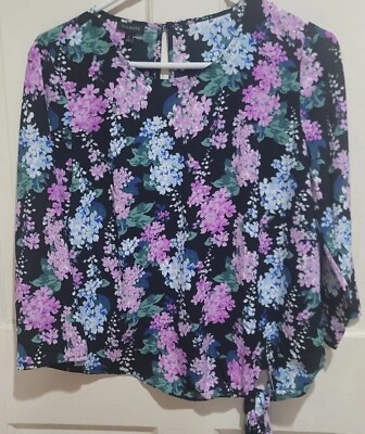 #ad Talbots Black Floral Print Pullover Blouse Side Tie Size S 3 4 Sleeve.