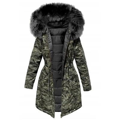 #ad Women#x27;s Winter Fur Hooded Drawstring Mid Overcoat Thick Camouflage Parka Coat