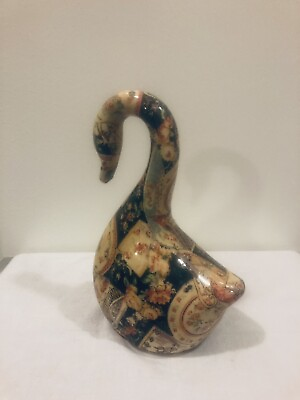 #ad Vintage Swan 8” Porcelain Glaze Patchwork Floral Figurine.