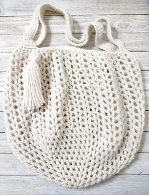 #ad #ad crochet boho beach market bag tassel fringe handmade aran white cream new
