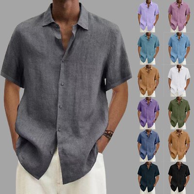 #ad Mens Short Sleeve Summer Dress Shirt Casual Solid Button up Loose Tops Shirts US