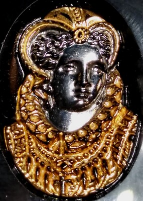 #ad Antique Carved Relief Queen Isabella Black Onyx Stone Gold And Silver Leaf Inlay