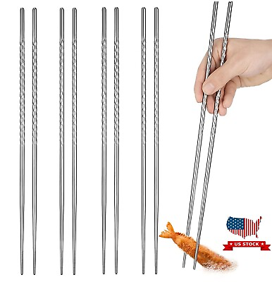 #ad Reusable 5 Pairs Long Metal Chopsticks Stainless Steel Chopsticks Chinese Style