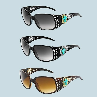 #ad NEW Womens BLING Western Sunglasses with Turquoise Cross Concho and Rhinestones