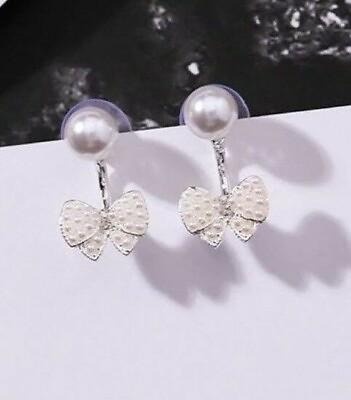 #ad Elegant Earrings Women Simulated Pearl Delicate Ribbon Shape White Silver