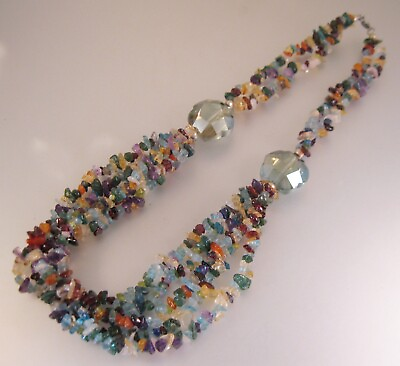 #ad Vintage Genuine Multi Gemstone Chip Beaded Necklace 2 amp; 4 Strand 20quot; Multi Color