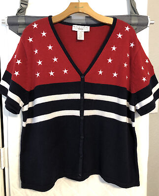 #ad NORTON WOMAN Patriotic Sweater American Flag Stars Stripes Red White Blue 1X