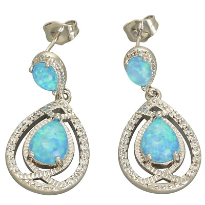 #ad 7x9 4x6 Pear Ocean Blue Fire Opal Cabochon Silver Jewelry Drop Pierced Earrings
