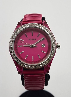 FOSSIL Women#x27;s Watch ES2909 Pink Stainless Steel Expandable Band Crystal Bezel $33.99