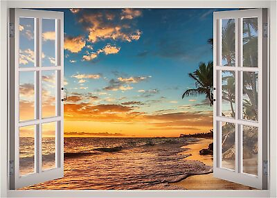#ad Paradise Beach Sunset View Window 3D Wall Decal Art Wallpaper Mural Sticker W168