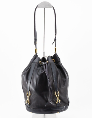#ad GUCCI Rank A Drawstring Bucket Shoulder Bag Horsebit Saddle Leather Black Gold
