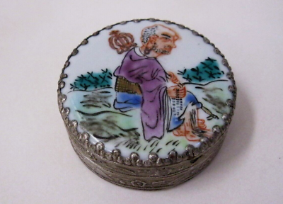 #ad Asian Silver Plated Trinket Box or Powder Box Mirror Porcelain Hand Painted Lid