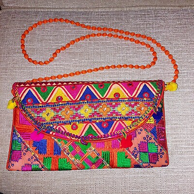 #ad Multicolor Clutch Shoulder Bag with Thread Embroidery All Over and Mirrors.