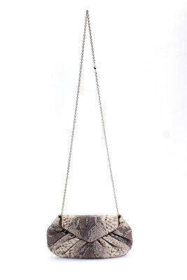 Lauren Merkin Womens Brown Reptile Skin Snap Clutch Crossbody Bag Handbag