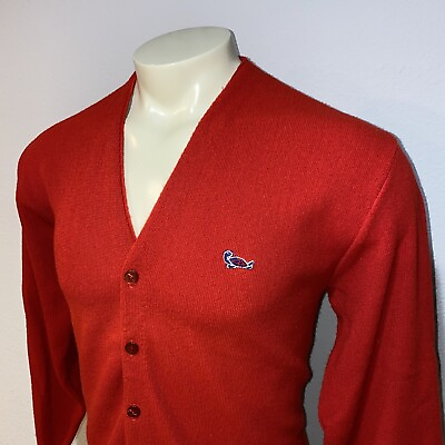 #ad Vtg 60s 70s Sweater TURTLE Logo Red Mid Century Cardigan Challenger MENS LARGE