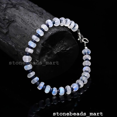 #ad A Rainbow MoonstoneCorundum Blue Sapphire 925 Sterling Silver Bracelet 7quot;
