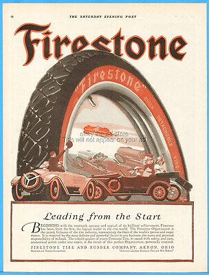 #ad 1916 Firestone Tires Race Cars Louis Fancher Art Akron Ohio Vintage Print Ad