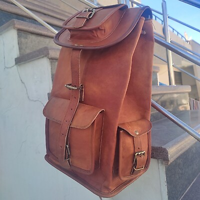 #ad Handmade Genuine Goat Leather Brown Laptop College Shoulder Satchel Backpack
