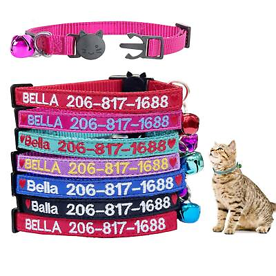 #ad Personalized Cat Collar Kitten Puppy Embroidered Name ID Tag Adjustable And Bell