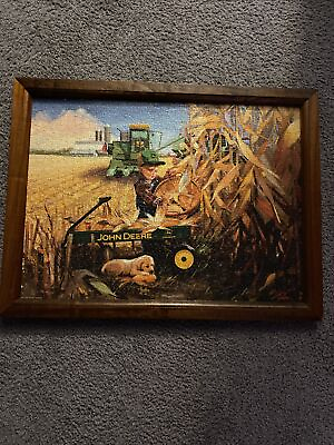 #ad John Deere Wood Framed Puzzle of Farm Life Homesteading Tractor boy Dog in Field