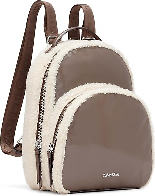#ad Calvin Klein Estelle MINI Backpack Patent Sherpa Taupe Dome Double Zip Around