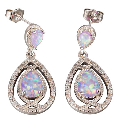 #ad 7x9 4x6 Pear Lavender Purple Fire Opal Cabochon Silver Drop Pierced Earrings