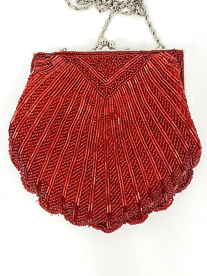 #ad Red Ruby Beaded Clamshell Evening Bag Clutch Purse Prom Crossbody Bag