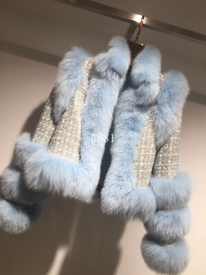 #ad Womens Fox Fur Trim Woolen Tweed Coat Ladies Short Jacket Luxury Parka Sz
