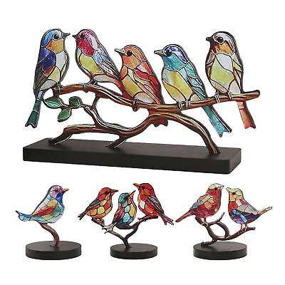 #ad Stained Wooden Birds on Branch Desktop Ornament Flat Bird Sculpture Gift