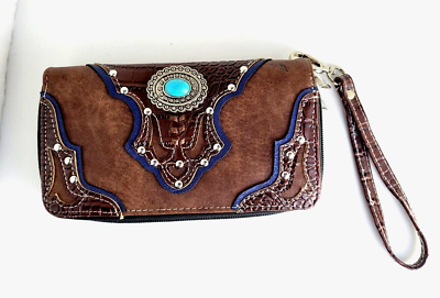 #ad Women#x27;s Western Style Brown Faux Leather Wristlet Wallet 8quot;L x 4.5quot;H NEW