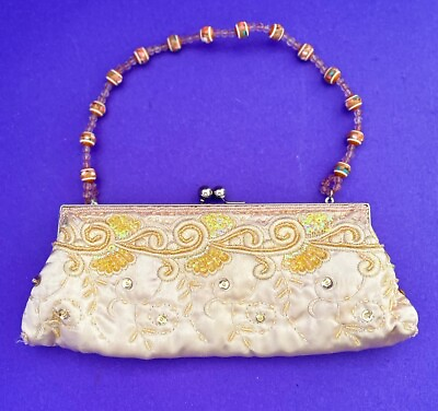 #ad Vintage Chateau Satin Beaded and Embroidered Floral Handbag Evening Bag SALE