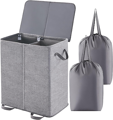 #ad Double Laundry Hamper with Lid Large Collapsible 2 Compartment Clothes Basket