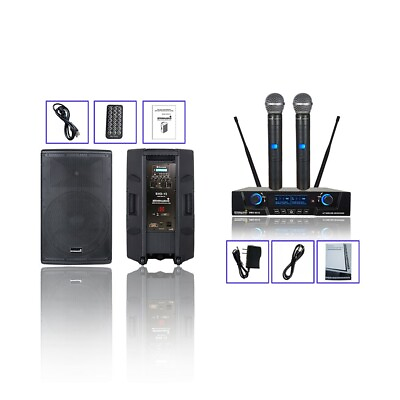 #ad 15quot; PA Bluetooth Speakers 4000W Powered Audio DJ Speaker 2CH UHF Handheld Mic