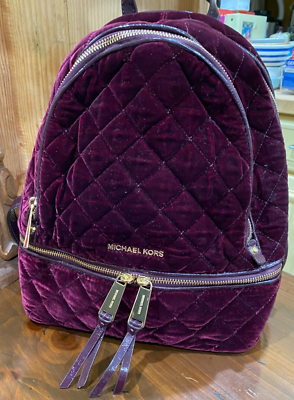 #ad NWOT Michael Kors Rhea Medium Velvet Zip Backpack Handbag PLUM Gold