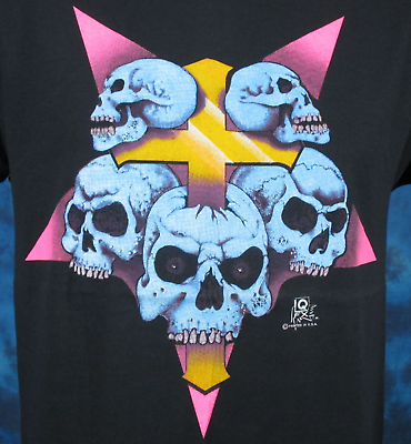 #ad vintage 80s SKULL PENTAGRAM single stitch T Shirt M L biker devil satan skeleton