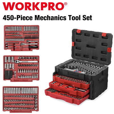 #ad WORKPRO Drive Socket Set 450 Piece Mechanic Tool Set With Heavy Duty Tool Box