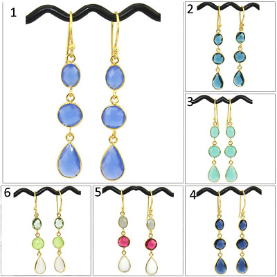 #ad Sale Pear Triple Multi Gemstone Bezel Hook Gold Plated Womens Designer Earring