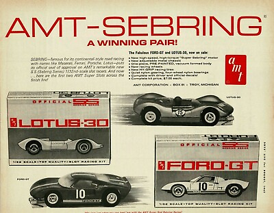 #ad 1965 AMT Sebring 1 32 Scale Slot Car kits Lotus 30 Ford GT Vintage Print Ad