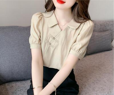 #ad Womens New Fashion Summer Lapel Short Sleeve Loose T shirt Casual Chiffon Shirt