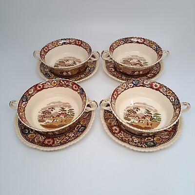 #ad Royal Cauldon Native Multicolor Brown Transferware SET of 4 Cream Soup Bowls