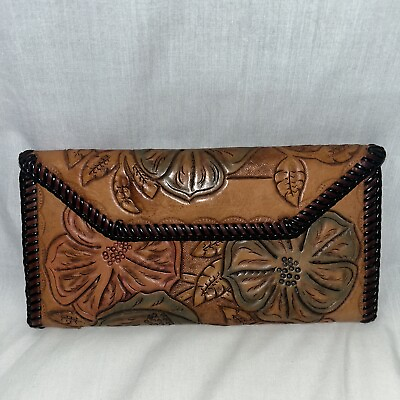 #ad Western Style Tooled Saddle Brown Leather Wallet Clutch Fold Over Carved Flowers