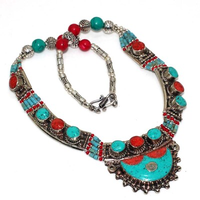 #ad 122gms Huge Tibetan Turquoise Red Coral Nepali Tribal Gemstone Necklace 15quot; JW