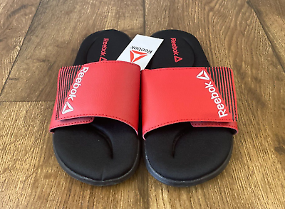 #ad NWT Reebok Boys Slides Sandals 5 Youth Black Red Adjustable Strap Memory Foam