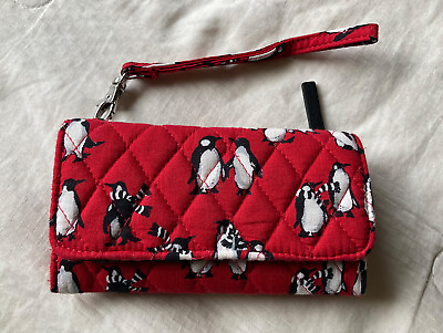 #ad Vera Bradley Small Red Trimmed Vera Playful Penguins Card Wallet and Clasp Strap