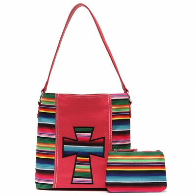 Hobo Bags for Women Coral Western Multi Stripe Cross 2 in1 Hobo Handbag