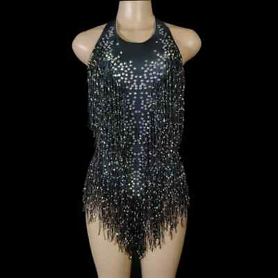 #ad Sparkly Tassel Bodysuit Rhinestones Performance Costume One piece Dance Wear